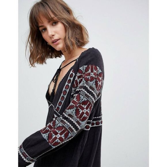 Free People All My Life Embroidered Shift Smocked Mini Dress Women’s Small - Picture 3 of 12